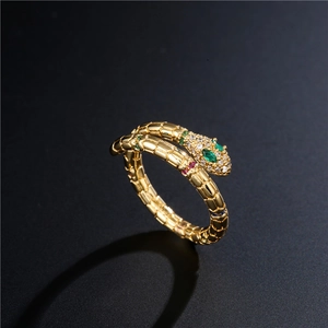 Snake wrap open ring in gold finish with vibrant green and blue zircon gemstones