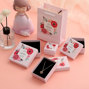 Pink Floral Cardboard Jewelry Box Gift Packaging Set With Sponge Lid And Base Ring Necklace Earring Storage Box Handbag
