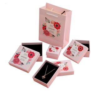 Pink floral jewelry gift box set with matching paper tote bag and lid boxes