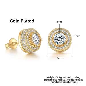 Macro detail of gold plated hip hop stud earrings with 5mm cubic zirconia and micro pave