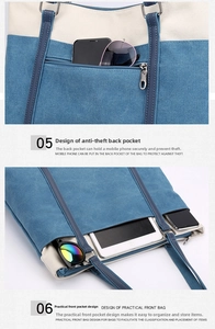 Detail of color-block canvas tote showing anti-theft back pocket and large front pocket