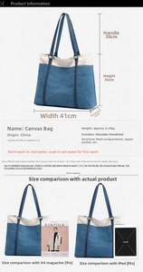 Detail view of canvas tote bag dimensions and specifications with color-block design