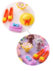 Detail view of colorful 3D puzzle erasers including miniature shoes and animal shapes