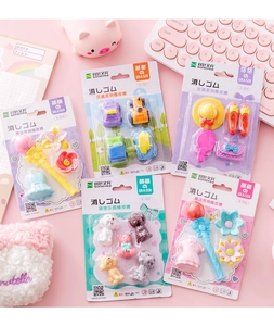 Detail of colorful cartoon 3D erasers set including vehicles and pets in card packaging