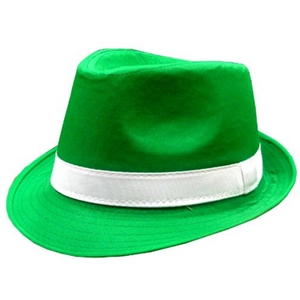 Detail of green velvet leprechaun hat with a white band for St. Patrick's Day party