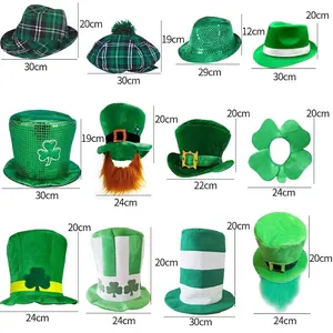 St. Patrick's Day velvet party hats and accessories with detailed size measurements