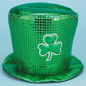Detail of green sequin top hat with shamrock patch for St. Patrick's Day party