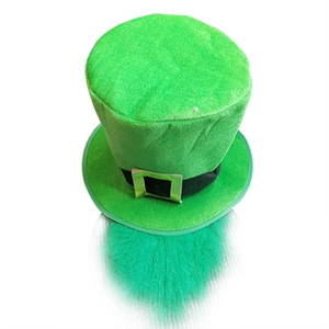 Saint Patrick's Day green velvet top hat with attached long ginger beard and gold buckle