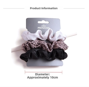 Three-piece scrunchie set including leopard print and velvet styles with 10cm diameter
