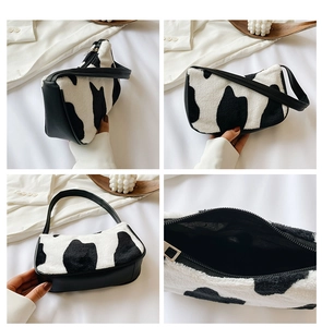 Collage of zebra print faux fur handbag showing top view, side carry and interior zipper