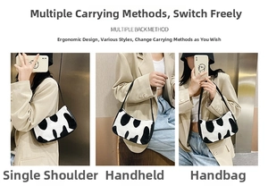 Three-way carry view of cow print baguette bag showing shoulder, wrist and handbag styles