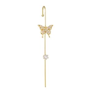 Golden drop earrings featuring a sparkling zircon butterfly and round stone on a long metal bar