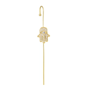 Detailed shot of golden Hamsa Hand and Evil Eye cuff earring with clear zircon inlay