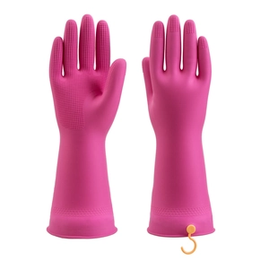 Pink long sleeve rubber cleaning gloves with anti-slip texture and orange S-shaped hook