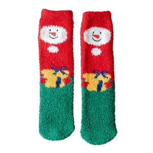 Cozy Christmas coral fleece thermal socks with festive snowman and bell embroidery