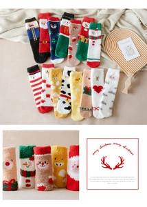 Detailed macro view of soft thick coral fleece Christmas socks with cute 3D cartoon patterns