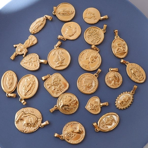 Vintage 18K Vergoldeter Edelstahl Anhänger Für Schmuckherstellung Religiöse Porträt Münze Engel Rose Geometrische Charms