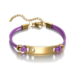 Detailed view of purple woven bracelet with gold-plated metal bar and lobster clasp