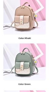 Detail of khaki and green mini backpacks with quilted pockets and daisy pendants