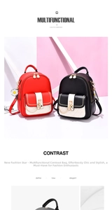 Detail view of stylish color-block PU leather backpack featuring a golden cat-shaped metal clasp
