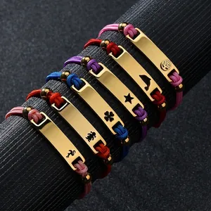 Handmade Woven Rope Bracelet With Gold Plated Stainless Steel Plate Hollow Out Design Adjustable Jewelry For Unisex