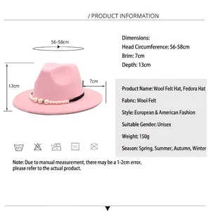 Pink wool fedora hat with pearl band and detailed product size chart information