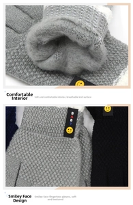 Close-up of thick fleece lining and grey knit texture on warm children's gloves