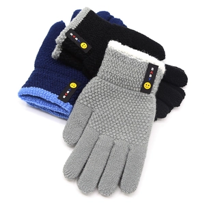 Winter knit gloves for children with warm fleece lining and smiley face embroidery