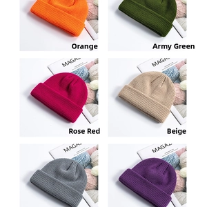 Flat lay of ribbed knit beanies in various colors with a textured weave detail