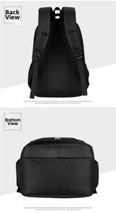 Detail view of ergonomic breathable straps and reinforced base on a black oxford backpack