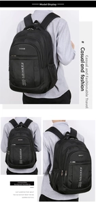 Detailed views of black oxford cloth business backpack with fashion lettering and side pockets