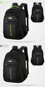 Detail view of Oxford cloth backpack showing black and green color variants and side mesh pockets
