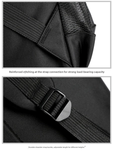 Detail showing reinforced stitching and adjustable strap buckle on black oxford backpack