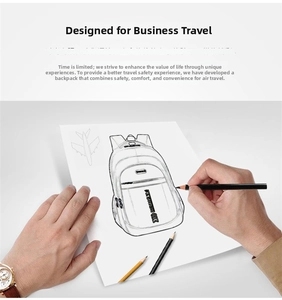 Detailed design sketch showing the functional compartments and straps of the Oxford backpack