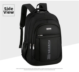 Detail view of black oxford fabric backpack with side mesh pockets and sport lettering