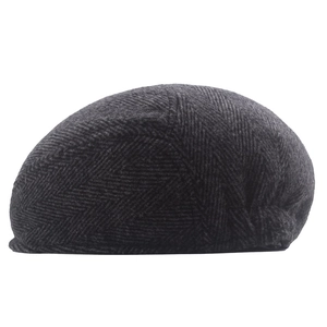 Dark grey herringbone tweed newsboy cap for men in classic vintage flat top style