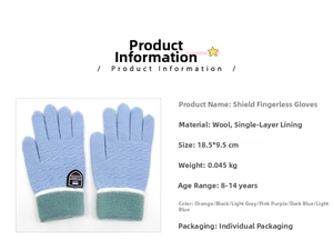 Detail showing light blue knitted gloves with green ribbed cuffs and shield patch