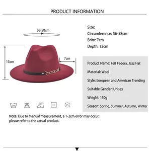 Wine red wool fedora hat with black belt and gold chain detailing, 56-58cm brim size