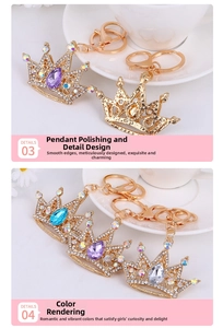 Close-up of crown keychain featuring sparkling rhinestones and colorful teardrop gemstones