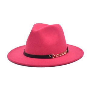 Rose red wide brim wool felt jazz fedora hat with black leather belt and gold chain