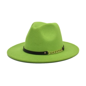 Detailed shot of neon green wool fedora with black leather band and gold chain link