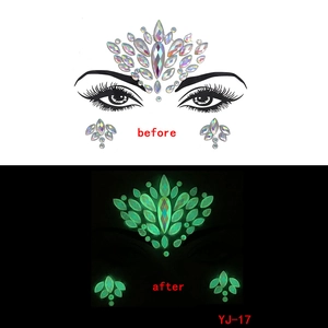 Luminous Halloween face gem stickers YJ-17 showing holographic before and glowing green after