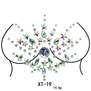 Detailed pattern layout of XT-19 rainbow iridescent rhinestone chest jewels for festivals