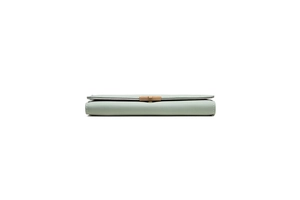 Detail view of a long green PU leather wallet featuring a golden buckle and fine stitching