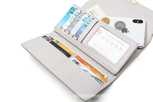 Detail view of the light grey PU leather long wallet interior with multi-card slots