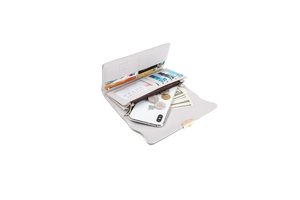 Detail view of light gray PU leather wallet showing multiple card slots and zipper pocket