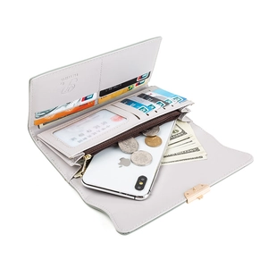 Women's light green long PU leather wallet with multi-card slots and phone compartment