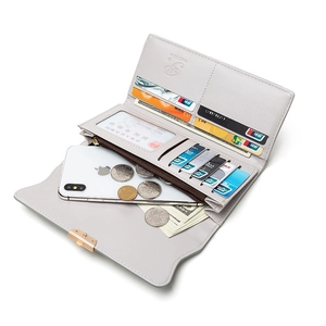 Modern PU leather long wallet for women featuring multiple card slots and metal buckle