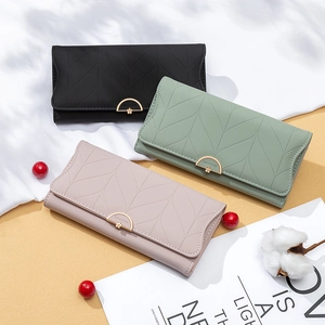 Three elegant PU leather long wallets for women with leaf quilt pattern and metal buckle