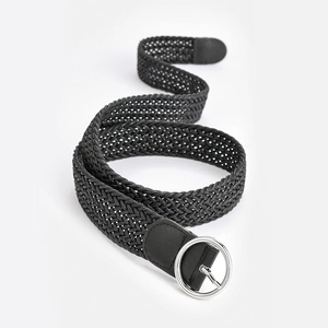 Women's black woven belt with silver round metal buckle and leather details